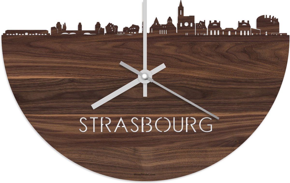 Skyline Klok Strasbourg Notenhout - Ø 40 cm - Stil uurwerk - Wanddecoratie - Meer steden beschikbaar - Woonkamer idee - Woondecoratie - City Art - Steden kunst - Cadeau voor hem - Cadeau voor haar - Jubileum - Trouwerij - Housewarming -