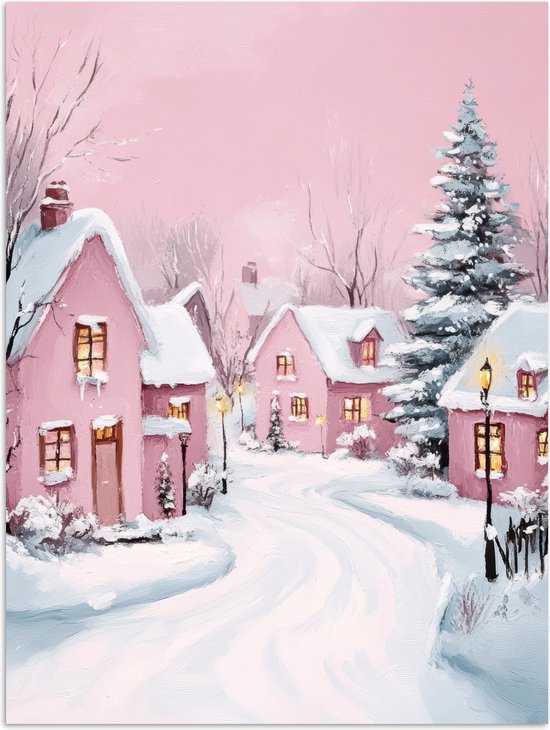 Poster 90x120 cm - Kerstdorp - Roze - Winter - Sneeuw - Huizen - Posters - Kamer decoratie - Wanddecoratie woonkamer - Kerstdecoratie voor binnen - Kerstversiering - Kerstmis versiering in huis - Kerstaccessoires