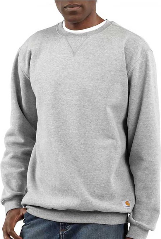 Grijze sweater met V-detail bij de nek en een Carhartt-label op de heup.