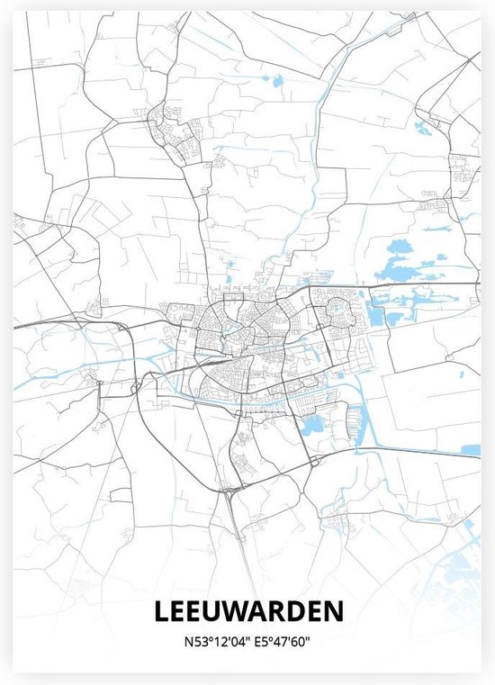 Leeuwarden plattegrond - A3 poster - Zwart blauwe stijl