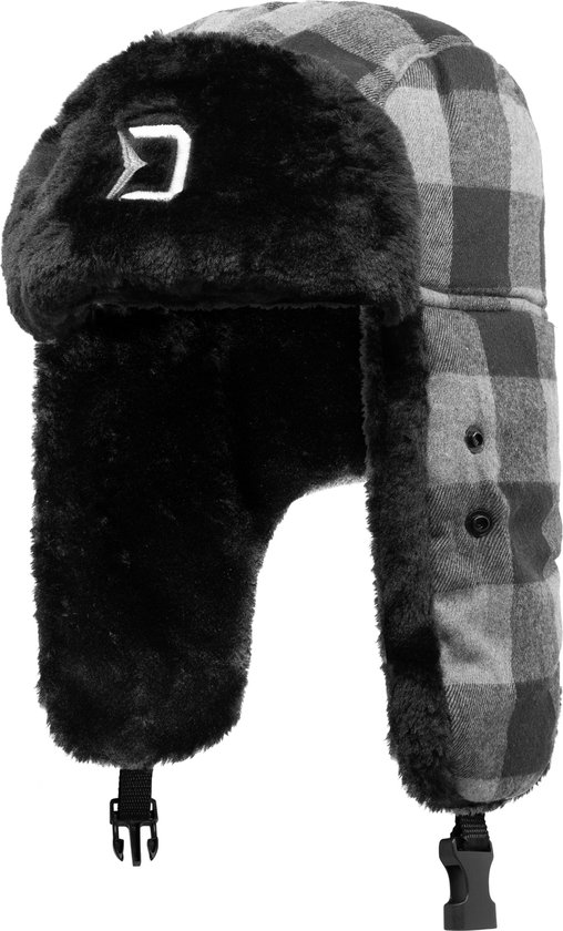 Grijze en zwarte geruite muts met faux fur kraag en aan de zijkant gespen.