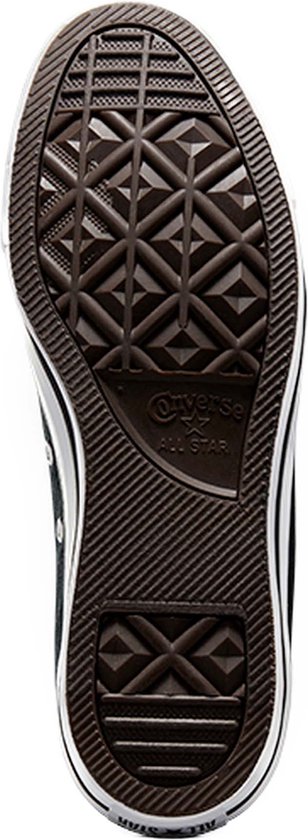 Zool van een zwarte Converse All Star sneaker met een ruitvormig patroon.