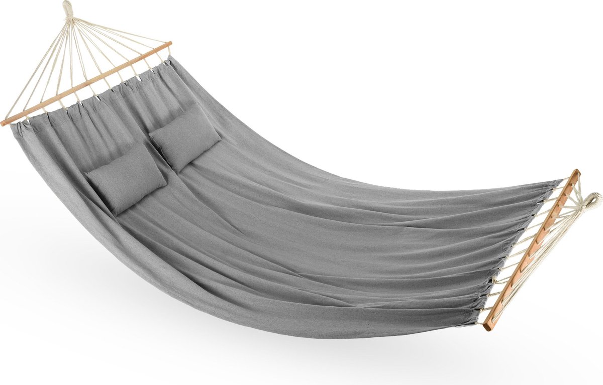 Outtec® Hangmat met 2 Kussens - 200x150 cm, tot 200kg, voor 2 Personen - XXL Katoenen Hangmat voor Buiten, Tuin, Balkon - voor Kinderen en Volwassenen - Grijs