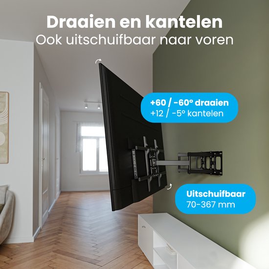 Zwarte TV muurbeugel, draaibaar tot 60° en kantelbaar tot 5°, uitschuifbaar 70-367 mm.