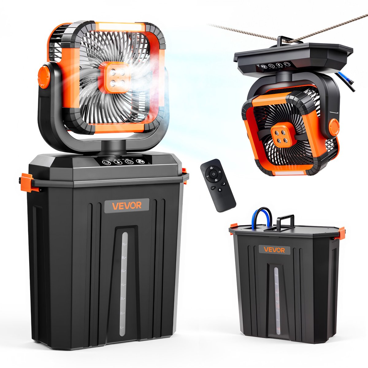 VEVOR Draadloze Campingventilator, 2400 Rpm Motor, Buitenventilator met Mistfunctie en 12l Watertank, 20000mah Batterij, 4 Snelheden & 3 Lichtstanden, Watergekoelde Mistventilator voor Kamperen, Vissen, Reizen