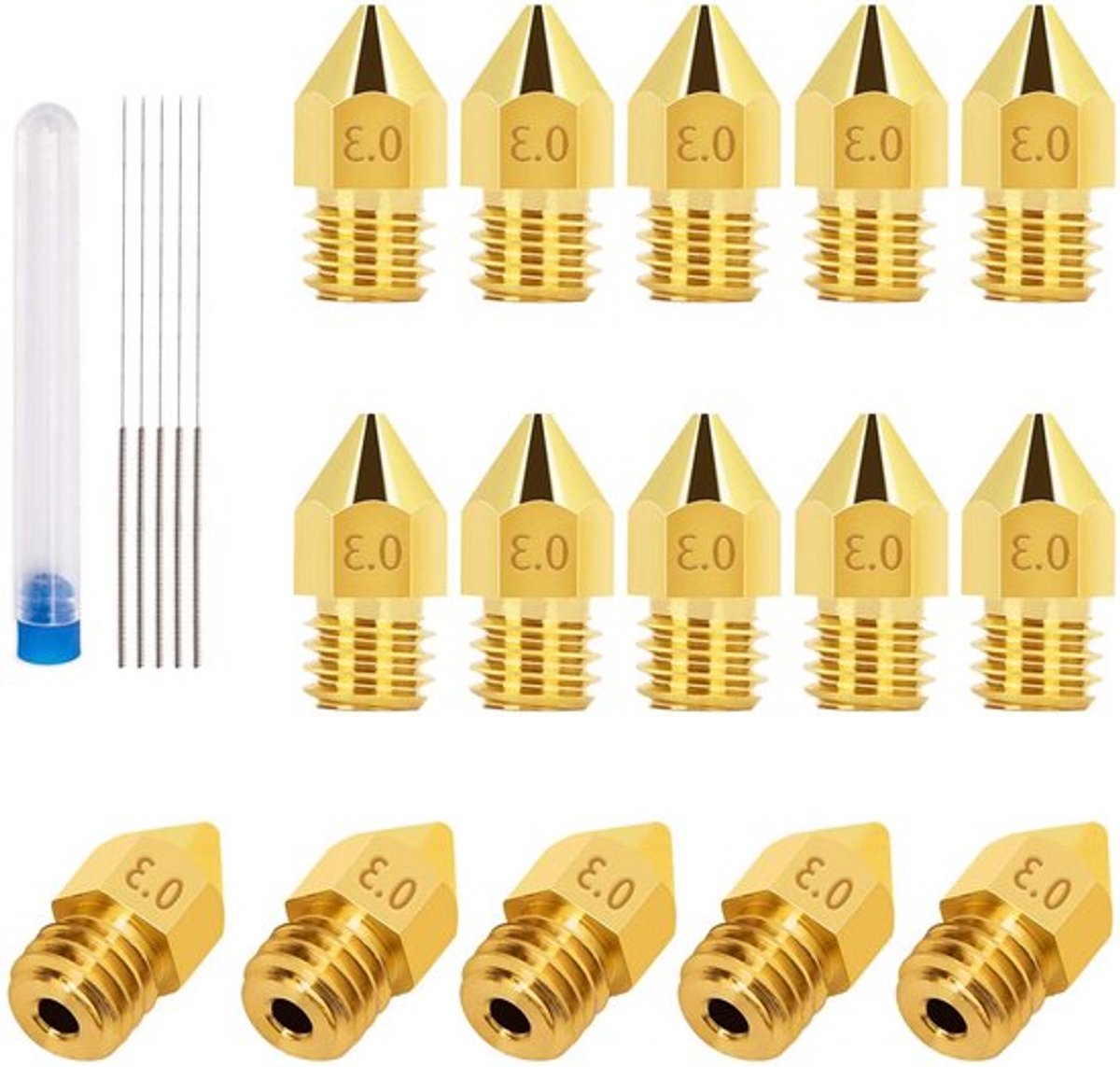 15 stuks 0.3 mm MK8 extruder nozzle + 5 stuks 0.25 mm roestvrijstalen naalden voor nozzle reiniging van 3D-printer Makerbot Creality CR-10