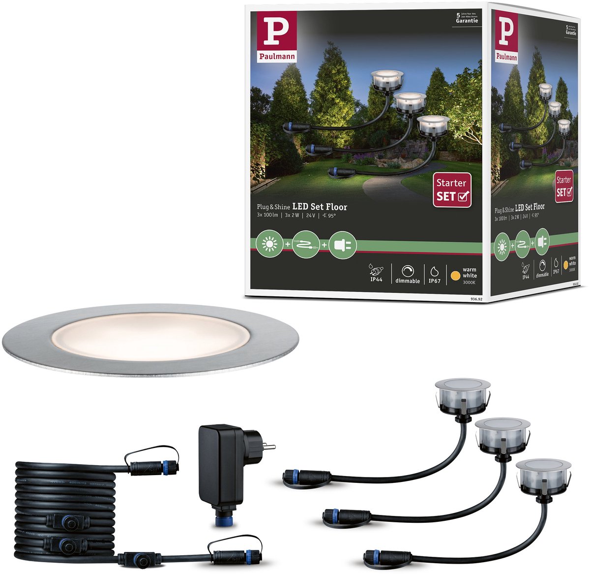 Paulmann 93692 Verlichtingssysteem Plug&Shine LED-buiteninbouwlampen (basisset) Set van 3 stuks LED 3 W Warmwit Zilver