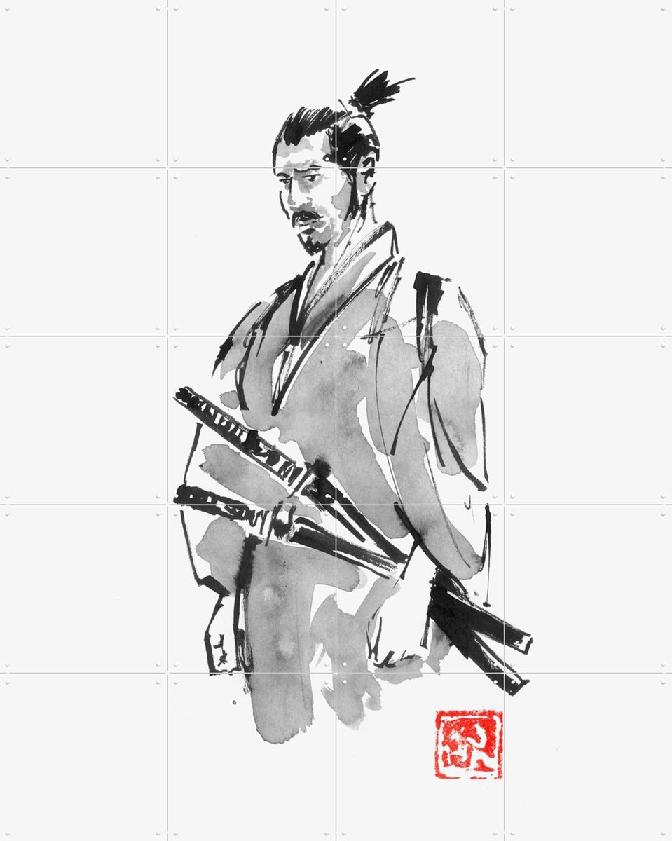 IXXI Thinking Samurai, Péchane - 80 x 100 cm - Gratis ophangtool - Grote wanddecoratie en posters - Line art, Illustraties, Mancave, Slaapkamer