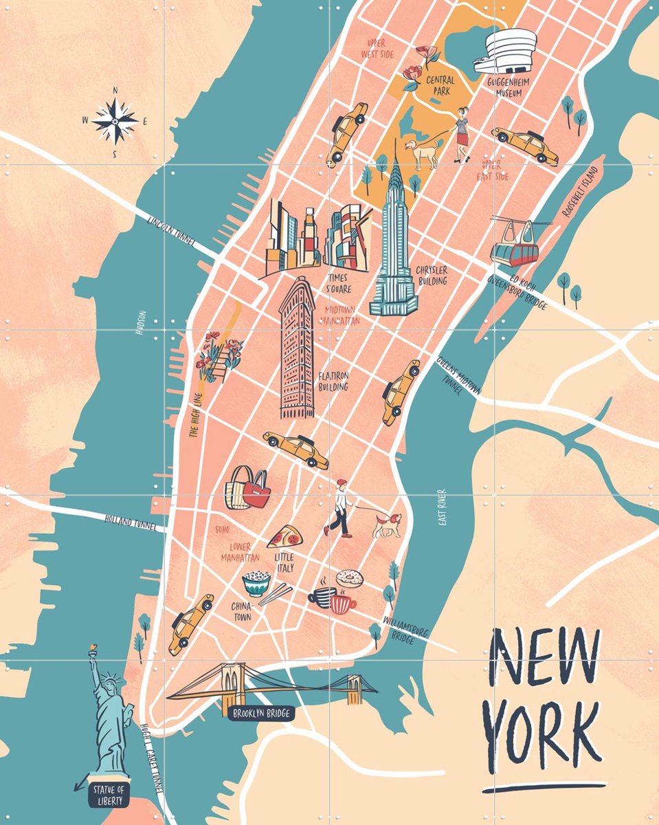 IXXI New York Illustration, Revista Ontwerp & Kunst in Kaart - 80 x 100 cm - Gratis ophangtool - Grote wanddecoratie en posters - Speels, Kleurrijk