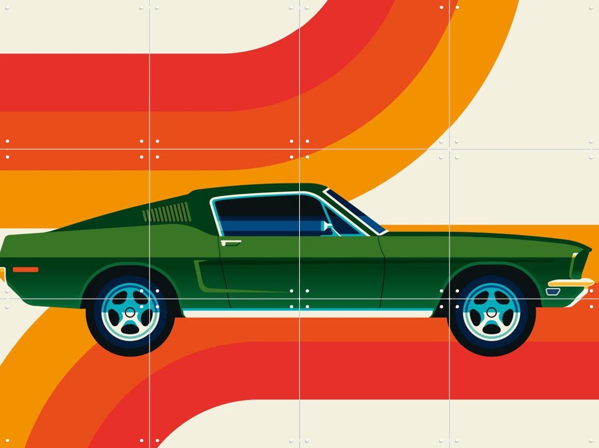 IXXI Green Vintage Sports Car with Stripes, Bo Lundberg - 80 x 60 cm - Gratis ophangtool - Grote wanddecoratie en posters - Retro, Grafisch Ontwerp