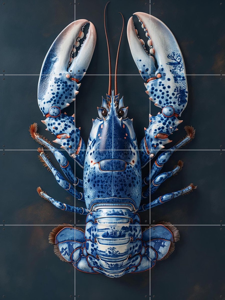 IXXI Delfts Blauwe kreeft - Zwart, Margriet Hulsker - 60 x 80 cm - Gratis ophangtool - Grote wanddecoratie en posters - Illustraties, Keuken