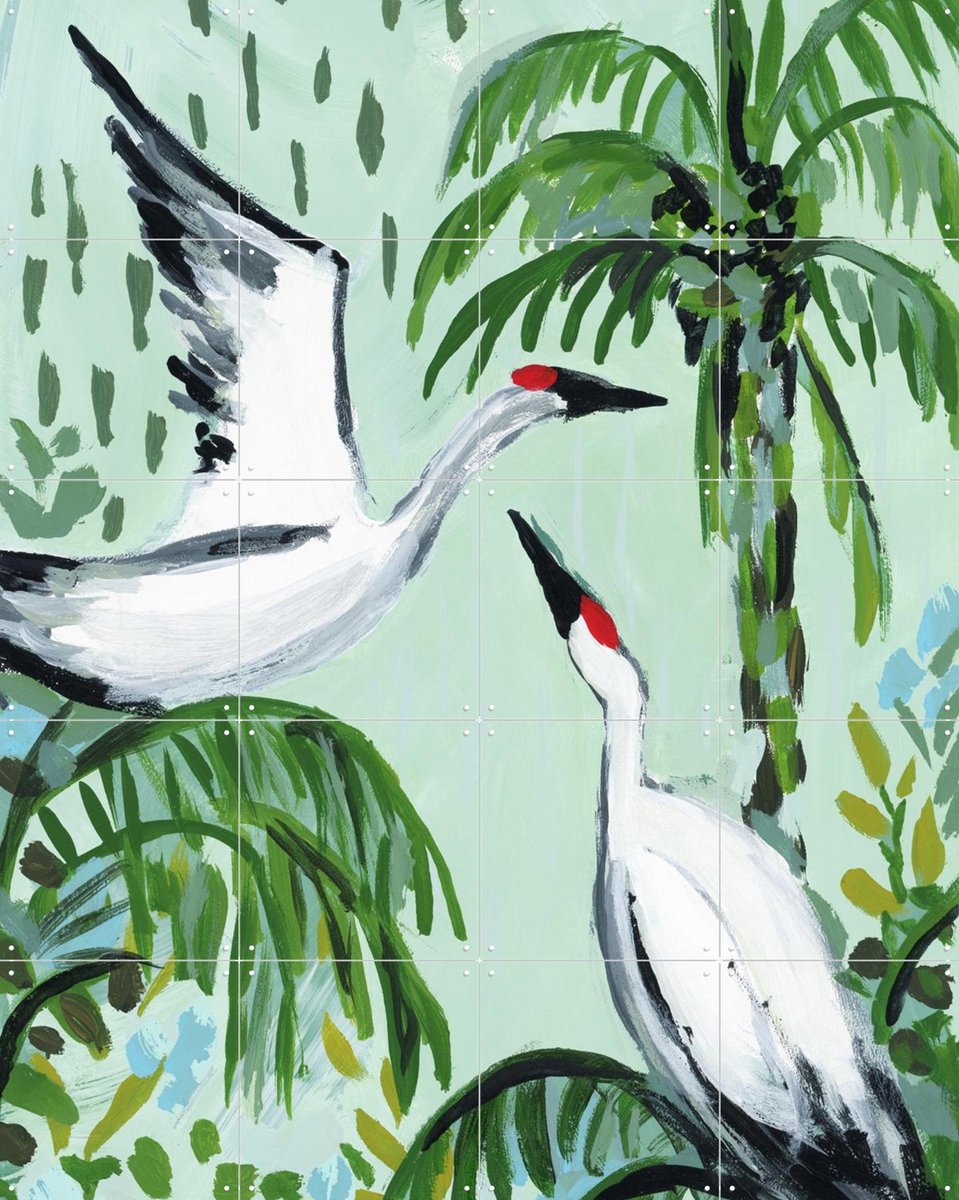 IXXI Tropical Cranes, Green Barn Studio - 80 x 100 cm - Gratis ophangtool - Grote wanddecoratie en posters - Kwaststreken, Abstract, Speels