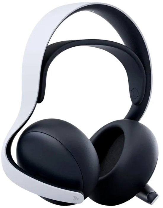 Zwarte gaming headset met witte hoofdband, zichtbaar van voren. PlayStation logo op de oorschelp.