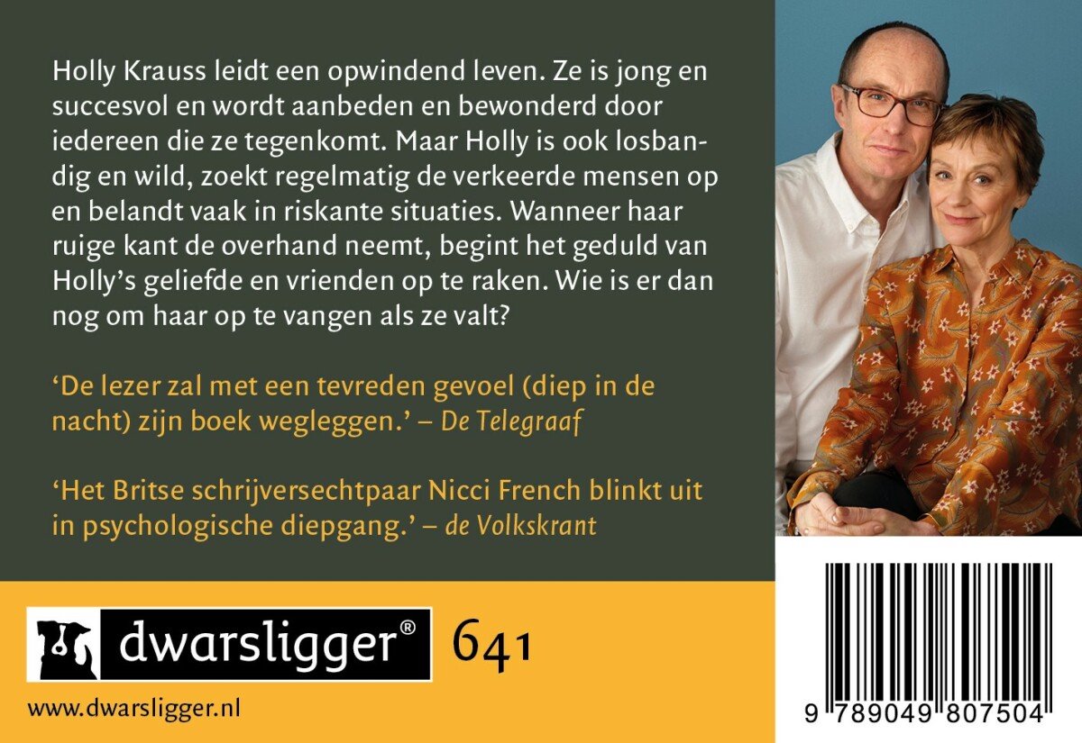 Achterkant van een boek met portret van een man en vrouw. Tekst van recensies en 'dwarsligger' logo.