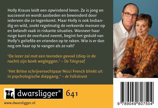 Achterkant van een boek met portret van een man en vrouw. Tekst van recensies en 'dwarsligger' logo.