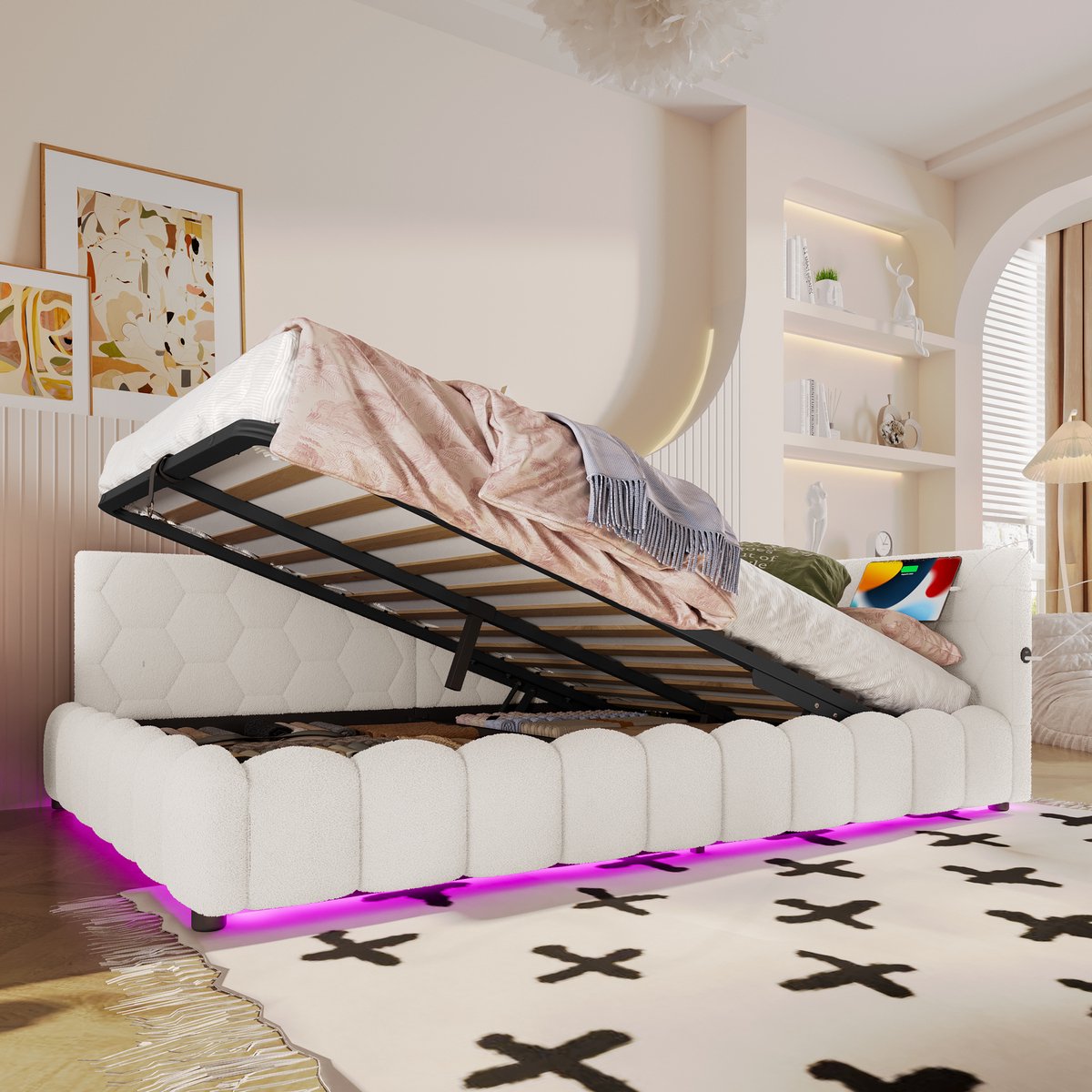 Slaapbank 140x200 cm - Met Lattenbodem En Hydraulische Opbergruimte - LED USB Type C - Stof - Wit