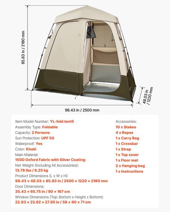 VEVOR 2-Kamer Douchetent, Toilettent (250x122x218 cm) met Privacyscherm, Omkleedtent Inclusief Haringen, Touwen, Draagtas En Dwarsbalk, Gemaakt van 150d Oxford-Stof, Geschikt Voor Kamperen, Strand, Vissen, Kaki van Merkloos — afbeelding 3