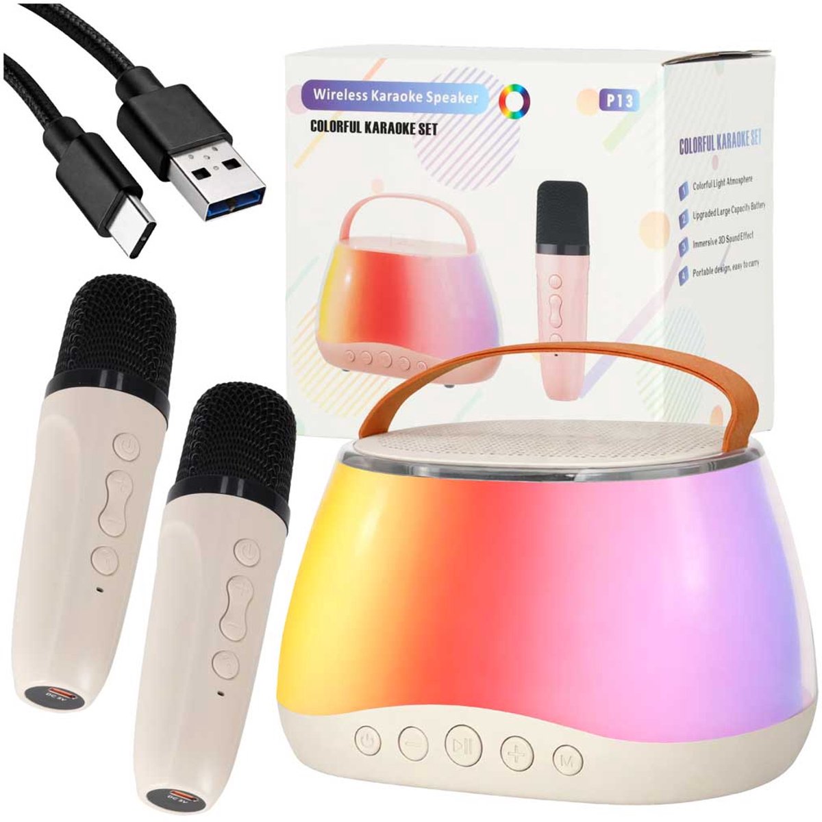 Playos® - Karaokeset met 2 Microfoons - Beige - Draadloos - met Verlichting - Inclusief Speaker - Muzikaal Speelgoed - Muziekbox
