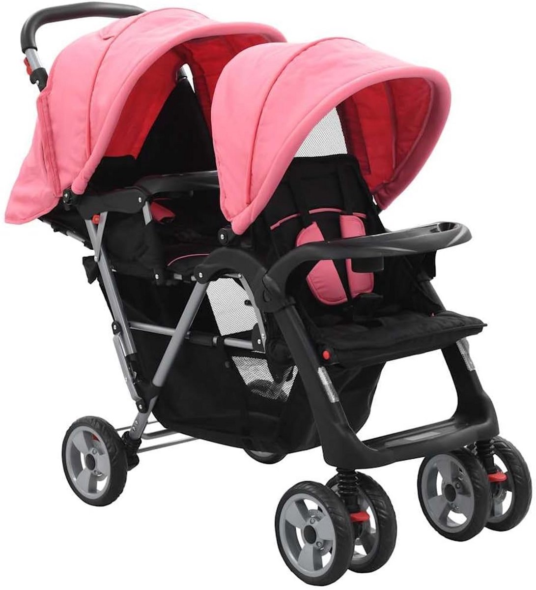 Dubbele Kinderwagen Tweelingbuggy Roze en Zwart Inklapbaar