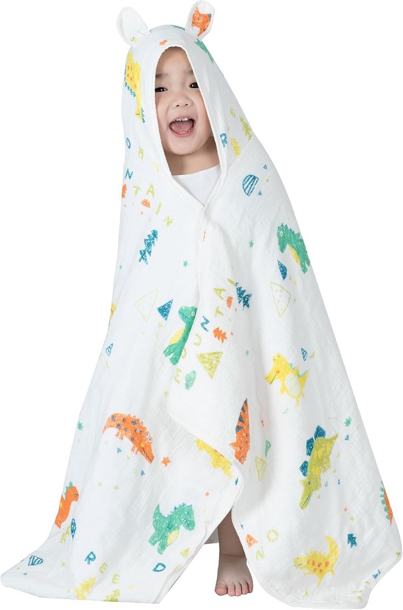 Badhanddoek met capuchon voor baby en peuter - 6-laags biologisch katoen - Mousseline - 63,5 x 129,5 cm