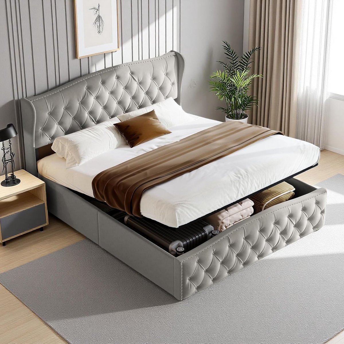 Hydraulisch Opbergbed 140x200 cm met Lattenbodem en Hoofdeinde | Gestoffeerd Tweepersoonsbed Grijs
