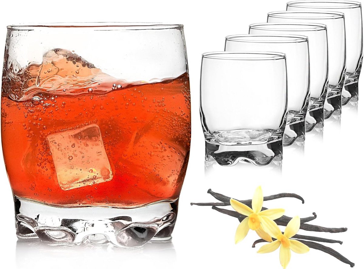 Set van 6 drinkglazen 250 ml met unieke bodem voor water, sap en whisky