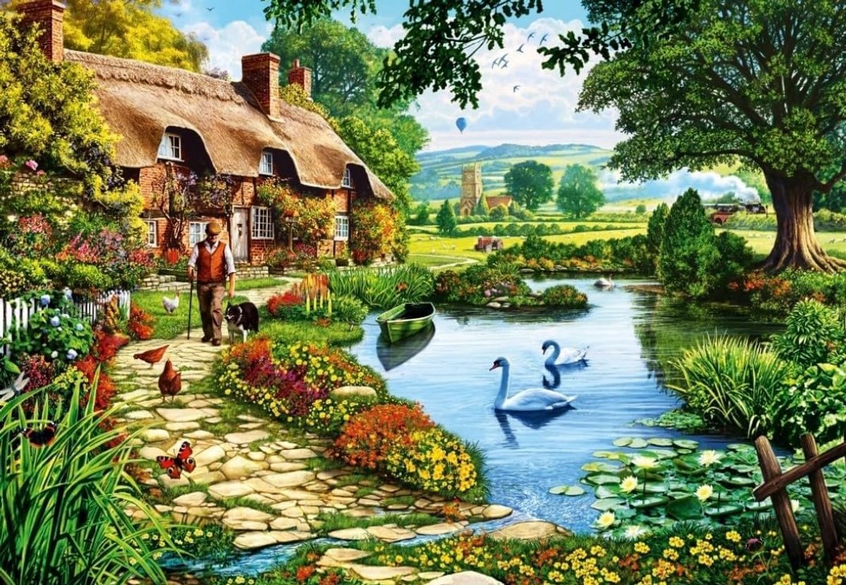 Lakeside Cottage Puzzel 1000 Stukjes - Rustiek Platteland & Zwanenmeer - Puzzel voor Volwassenen