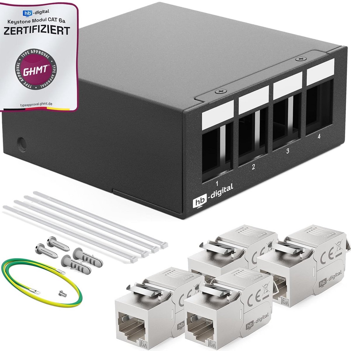Patchpaneel 4 Poorts CAT6a STP RJ45 Keystone Module, 1HE, 10 Gbps