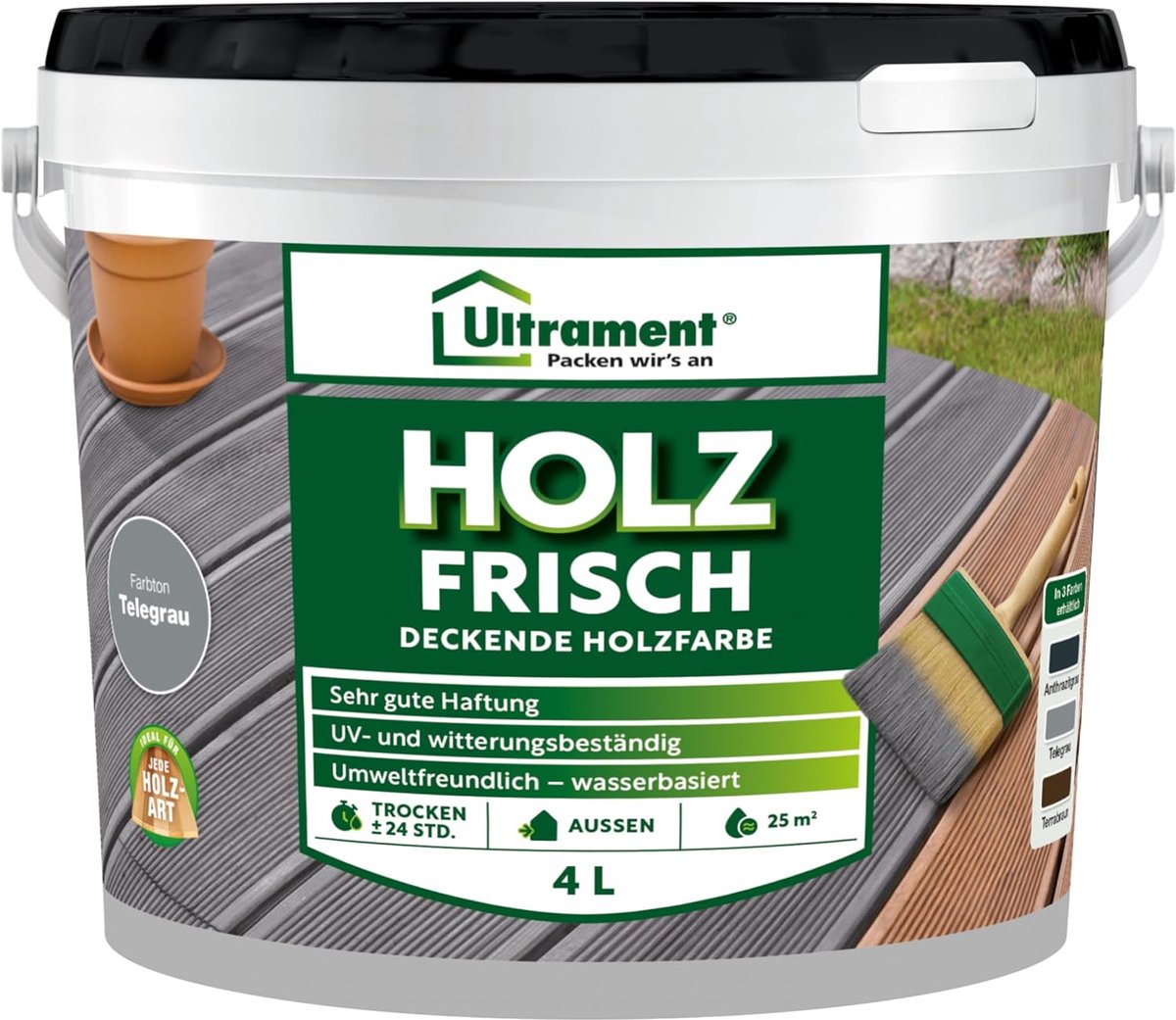Ultrament Wood Fresh - Dekkende houtverf, vloerverf voor buitenhout, 4 liter (Telegrau)