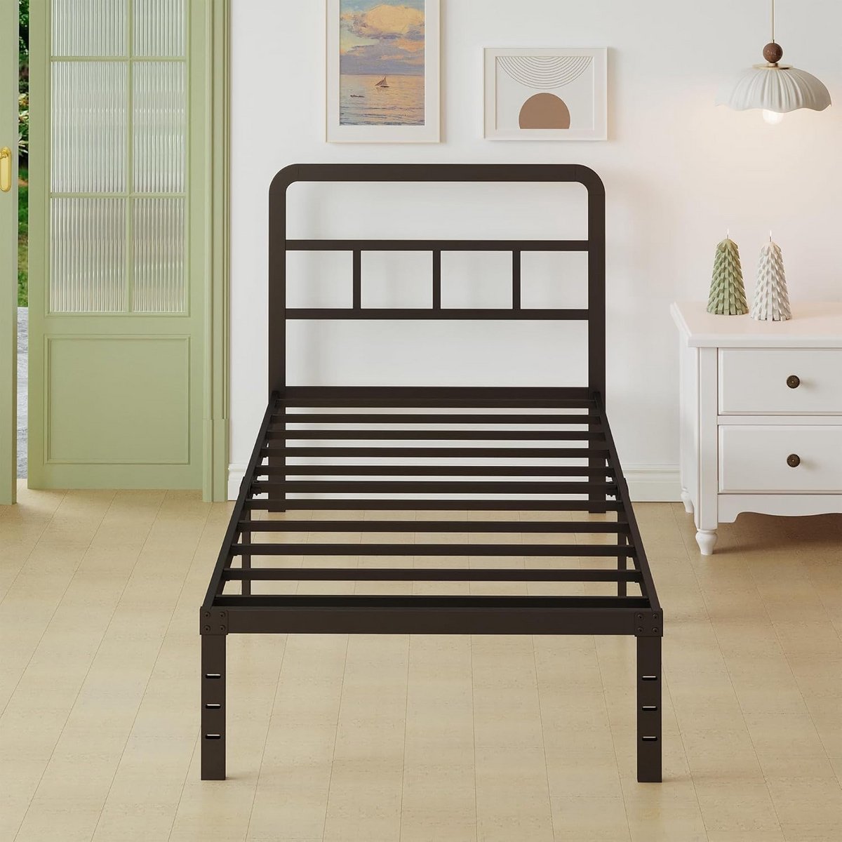Metalen Bedframe 75x190 cm met Hoofdbord en Lattenbodem