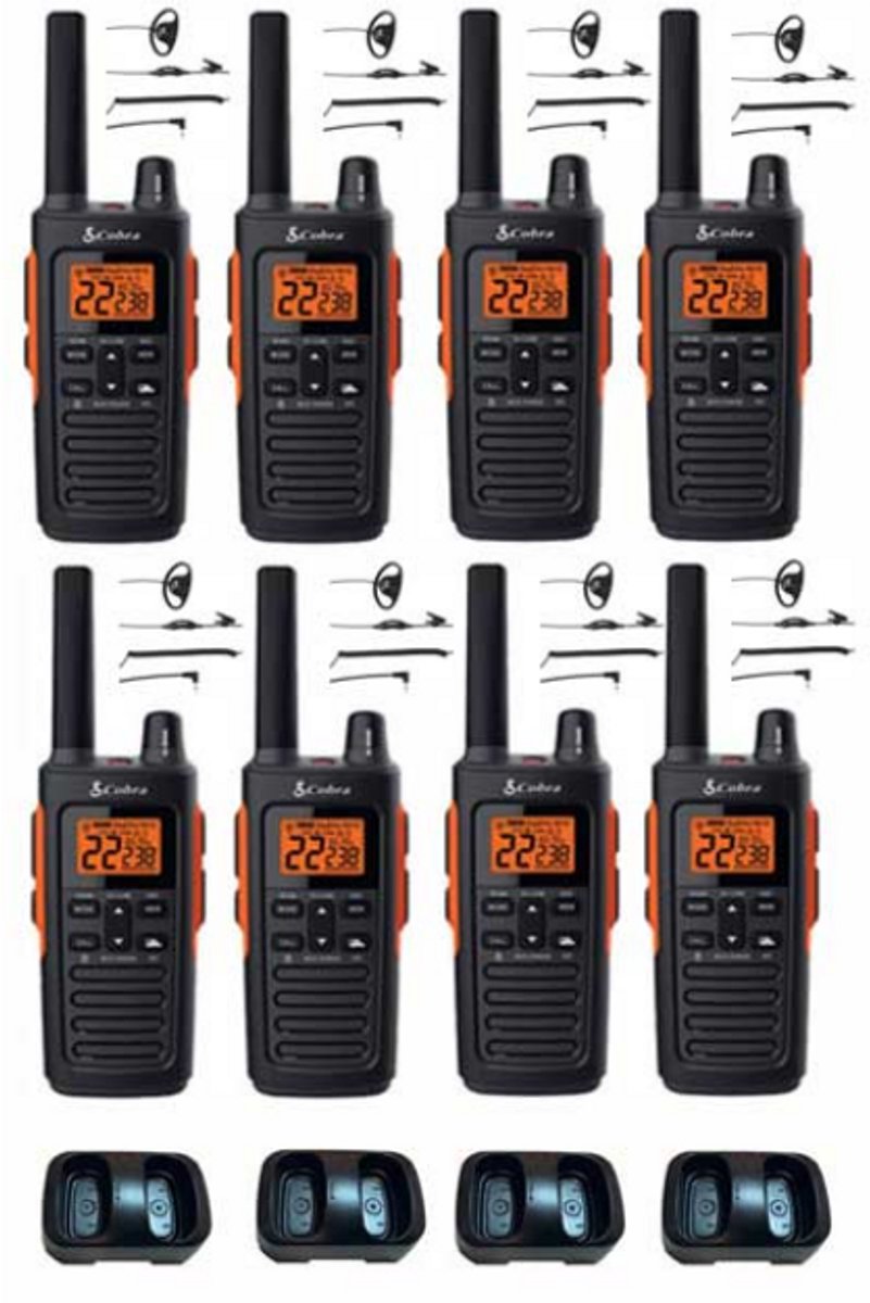 Set van 8 Cobra RX680 PMR446 portofoons IP54 met tafellader en D-shape oortje