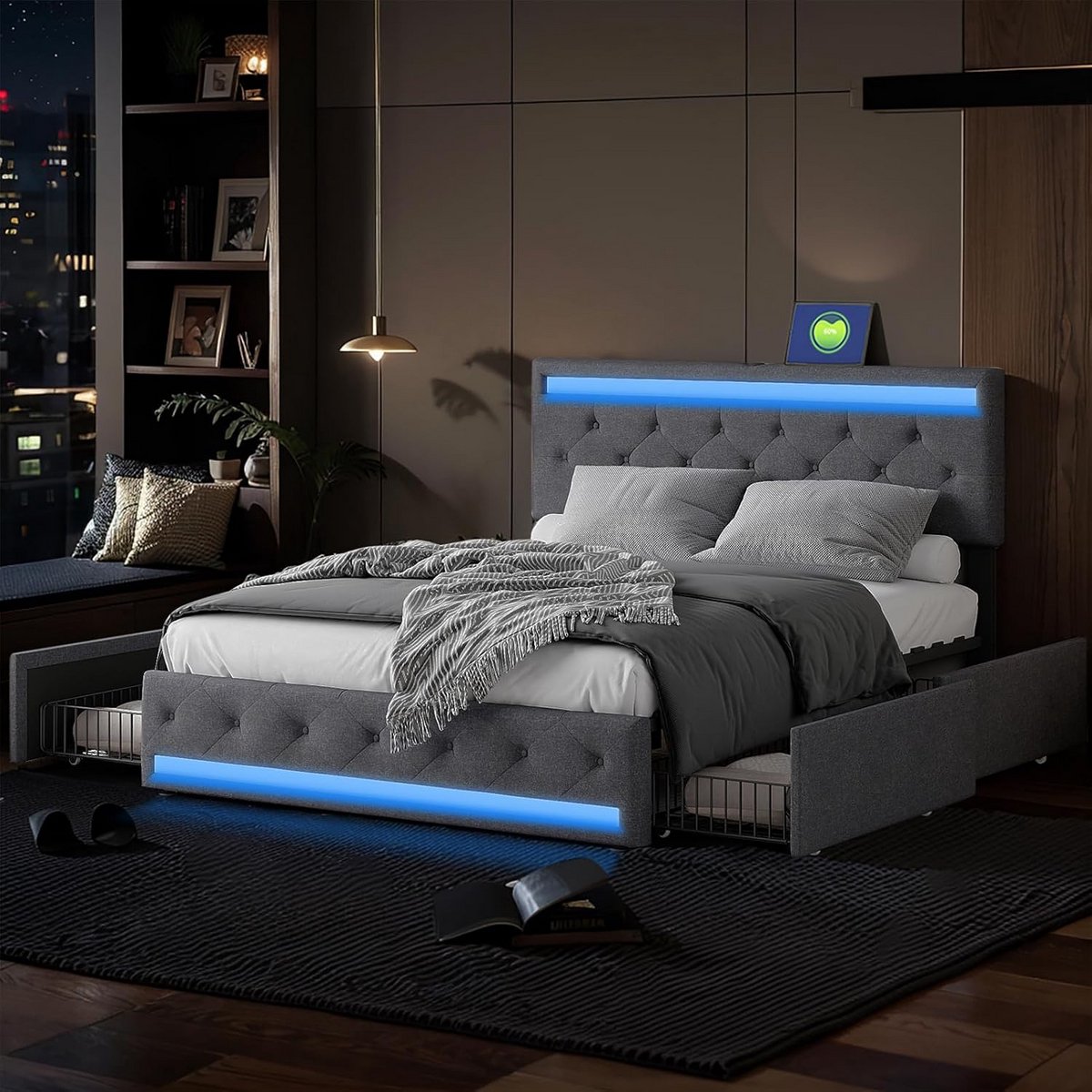Gestoffeerd Tweepersoonsbed 140x190 met 4 Lades, LED-Verlichting en USB-Poort