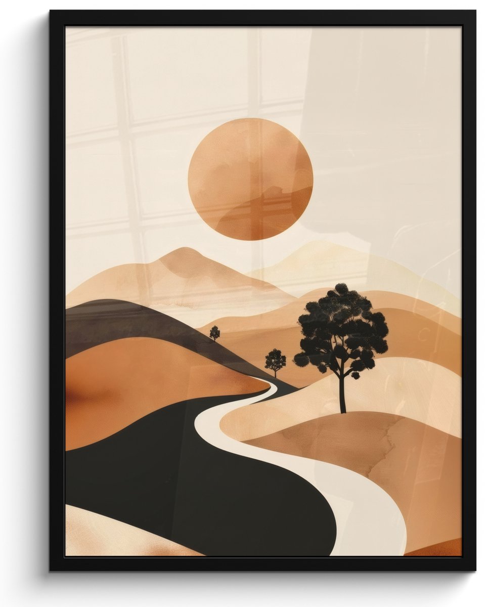 FrameYourWall Poster in lijst - Fotolijst 50x70 cm - Posters - Zon - Heuvels - Boom - Abstract - Posterlijst zwart - Decoratie - Wanddecoratie woonkamer - Muurdecoratie slaapkamer Zon - Heuvels - Abstract