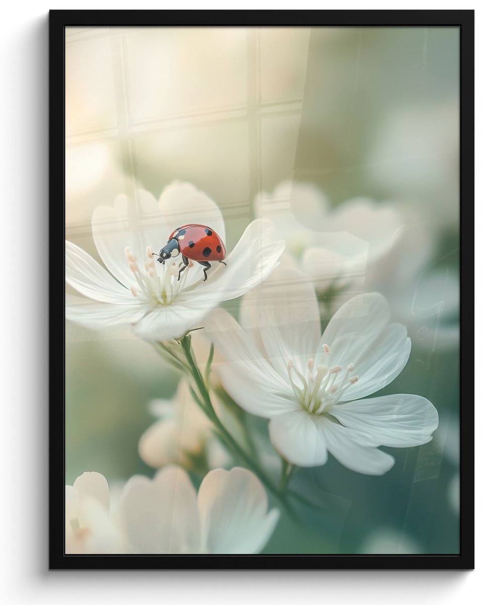 FrameYourWall Poster in lijst - Fotolijst 50x70 cm - Posters - Lieveheersbeestje - Bloemen - Wit - Posterlijst zwart - Decoratie - Wanddecoratie woonkamer - Muurdecoratie slaapkamer