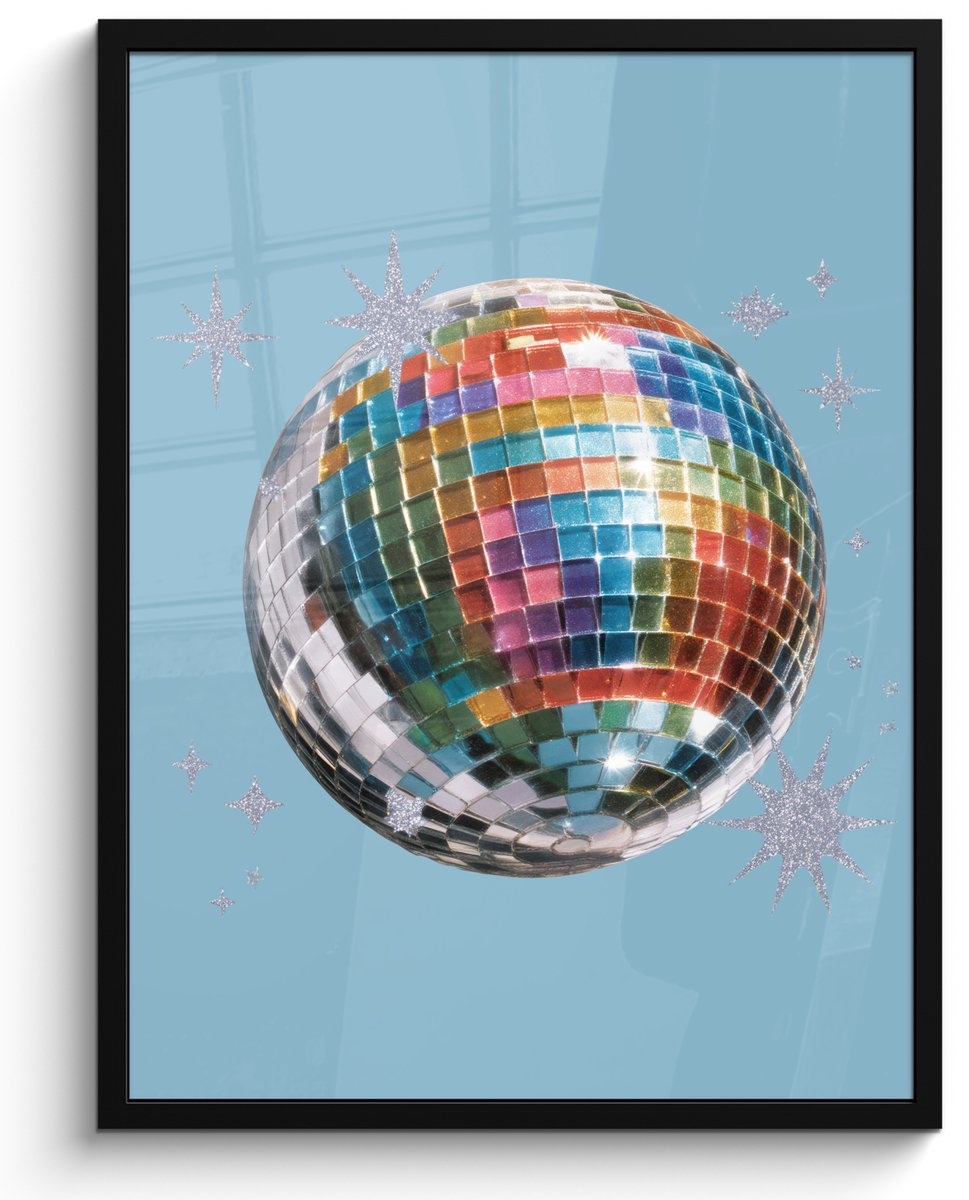 FrameYourWall Poster in lijst - Fotolijst 50x70 cm - Posters - Discobal - Glinsterende sterren - Regenboog - Posterlijst zwart - Decoratie - Wanddecoratie woonkamer - Muurdecoratie slaapkamer