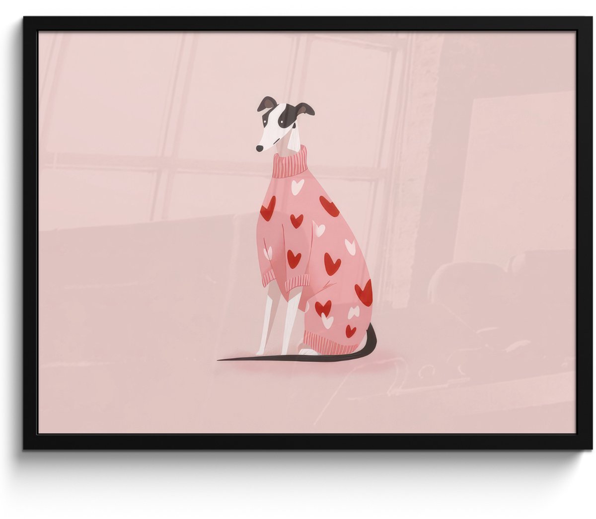 FrameYourWall Poster in lijst - Fotolijst 70x50 cm - Posters - Hond - Hartjes - Roze - Posterlijst zwart - Decoratie - Wanddecoratie woonkamer - Muurdecoratie slaapkamer