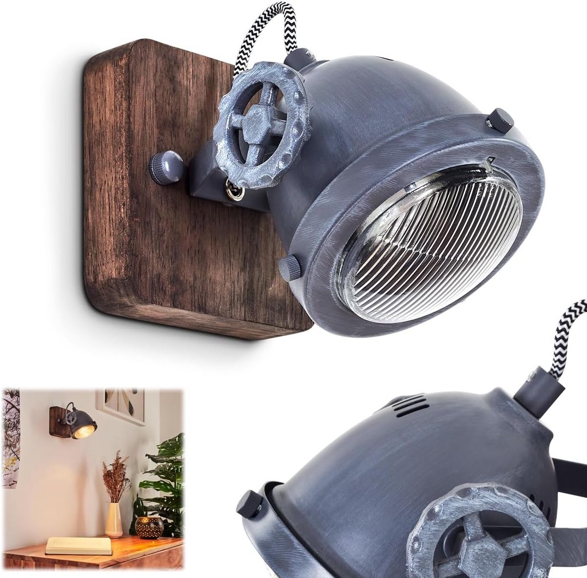 Wandlamp met Draaibare Spot in Hout en Metaal voor Binnenverlichting