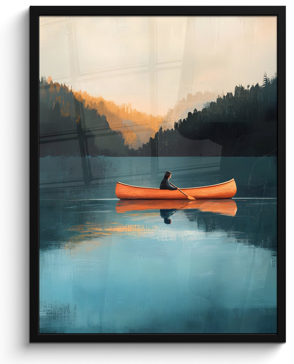 FrameYourWall Poster in lijst - Fotolijst 50x70 cm - Posters - Bossen - Meer - Kano - Oranje - Posterlijst zwart - Decoratie - Wanddecoratie woonkamer - Muurdecoratie slaapkamer Kano - Bossen