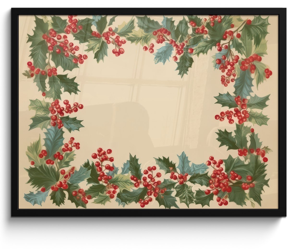 FrameYourWall Poster in lijst - Fotolijst 70x50 cm - Posters - Hulstrand - Bessen - Beige - Posterlijst zwart - Decoratie - Wanddecoratie woonkamer - Muurdecoratie slaapkamer - Kerstversiering - Kerstdecoratie voor binnen - Kerstmis