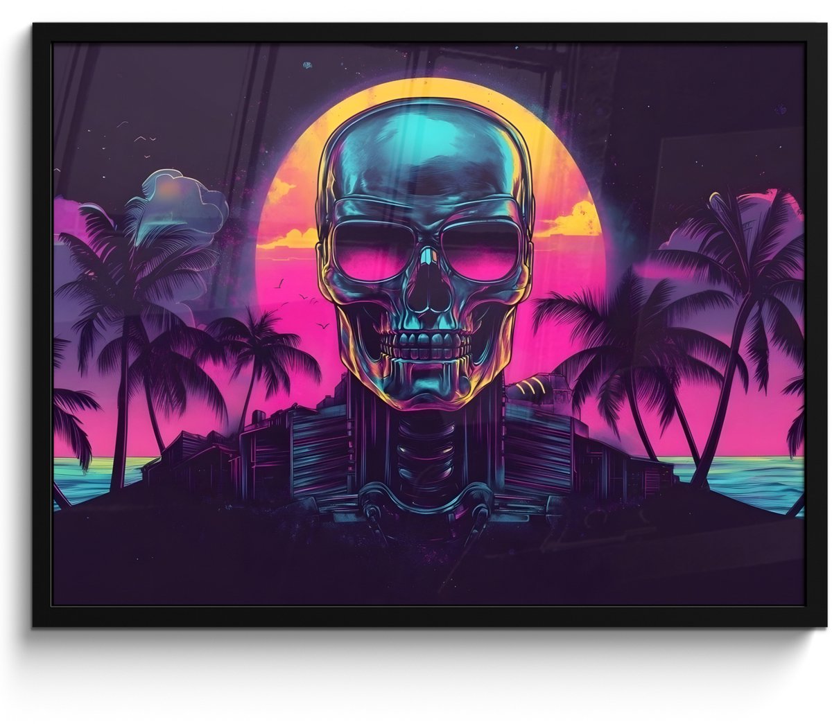FrameYourWall Poster in lijst - Fotolijst 70x50 cm - Posters - Palmbomen - Hoofd - Metallic - Zonsondergang - Posterlijst zwart - Decoratie - Wanddecoratie woonkamer - Muurdecoratie slaapkamer