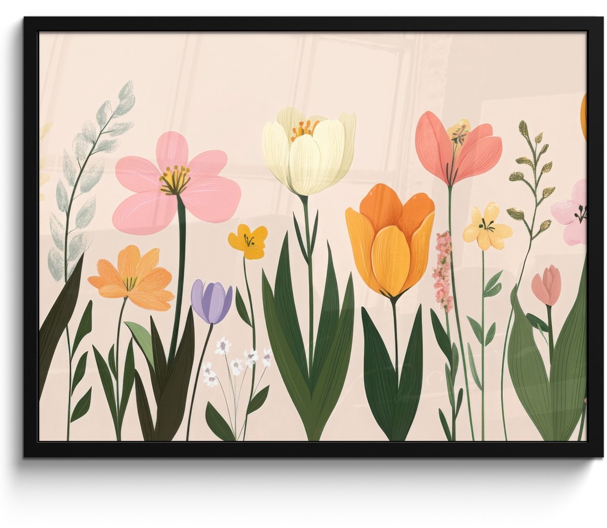 FrameYourWall Poster in lijst - Fotolijst 70x50 cm - Posters - Pasteltinten - Bloemen - Illustratie - Posterlijst zwart - Decoratie - Wanddecoratie woonkamer - Muurdecoratie slaapkamer