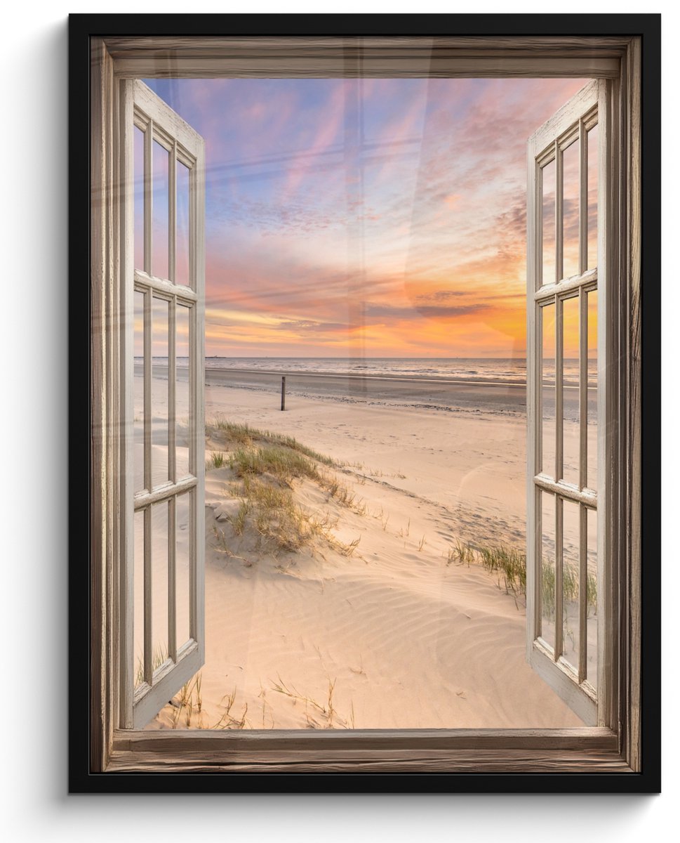 FrameYourWall Poster in lijst - Fotolijst 50x70 cm - Posters - Doorkijk - Strand - Duinen - Natuur - Landschap - Posterlijst zwart - Decoratie - Wanddecoratie woonkamer - Muurdecoratie slaapkamer Zonsondergang - Strand