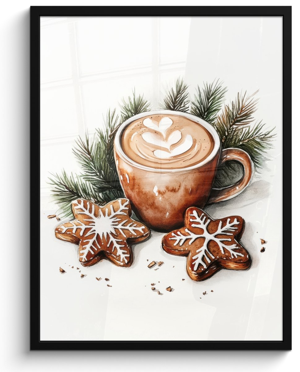 FrameYourWall Poster in lijst - Fotolijst 50x70 cm - Posters - Koffie - Koek - Winter - Art - Kerst - Posterlijst zwart - Decoratie - Wanddecoratie woonkamer - Muurdecoratie slaapkamer - Kerstversiering - Kerstdecoratie voor binnen - Kerstmis Kerst - Koffie