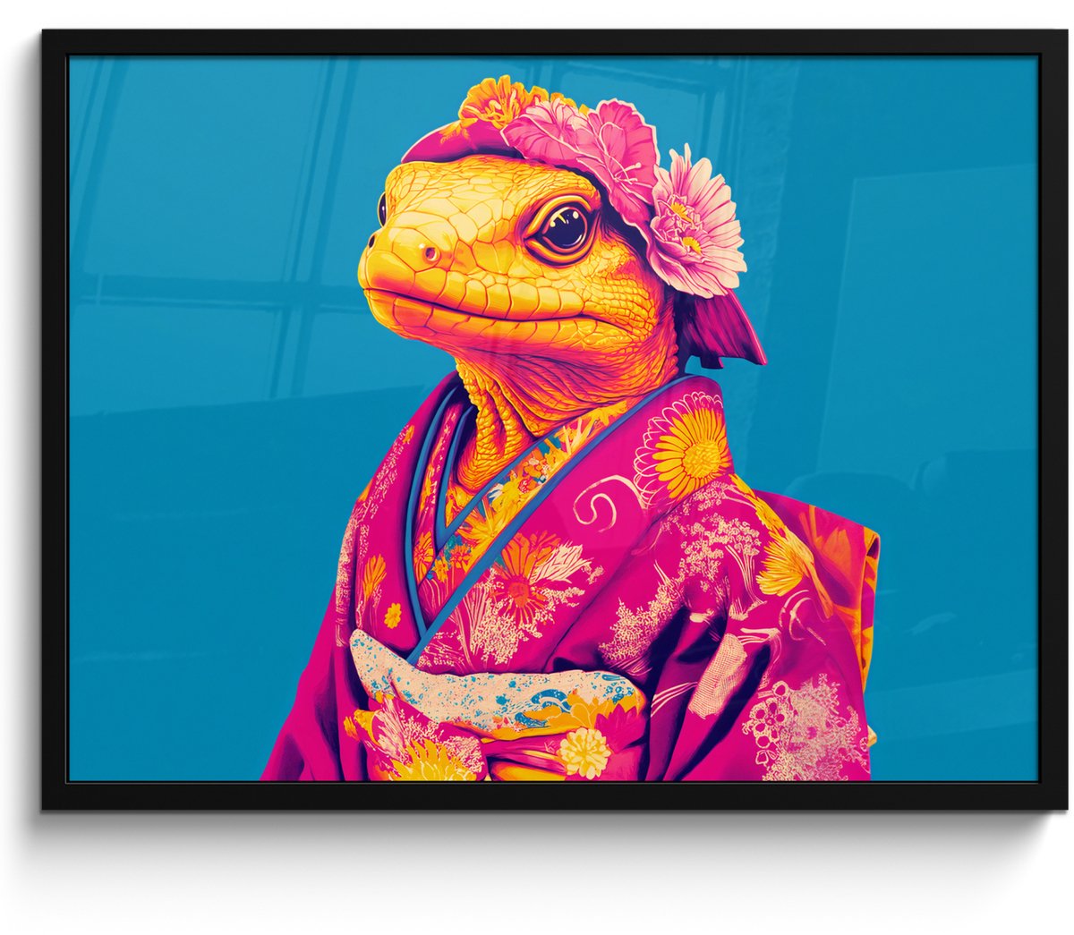 FrameYourWall Poster in lijst - Fotolijst 70x50 cm - Posters - Bloemenkrans - Hagedis - Kimono - Paars - Posterlijst zwart - Decoratie - Wanddecoratie woonkamer - Muurdecoratie slaapkamer