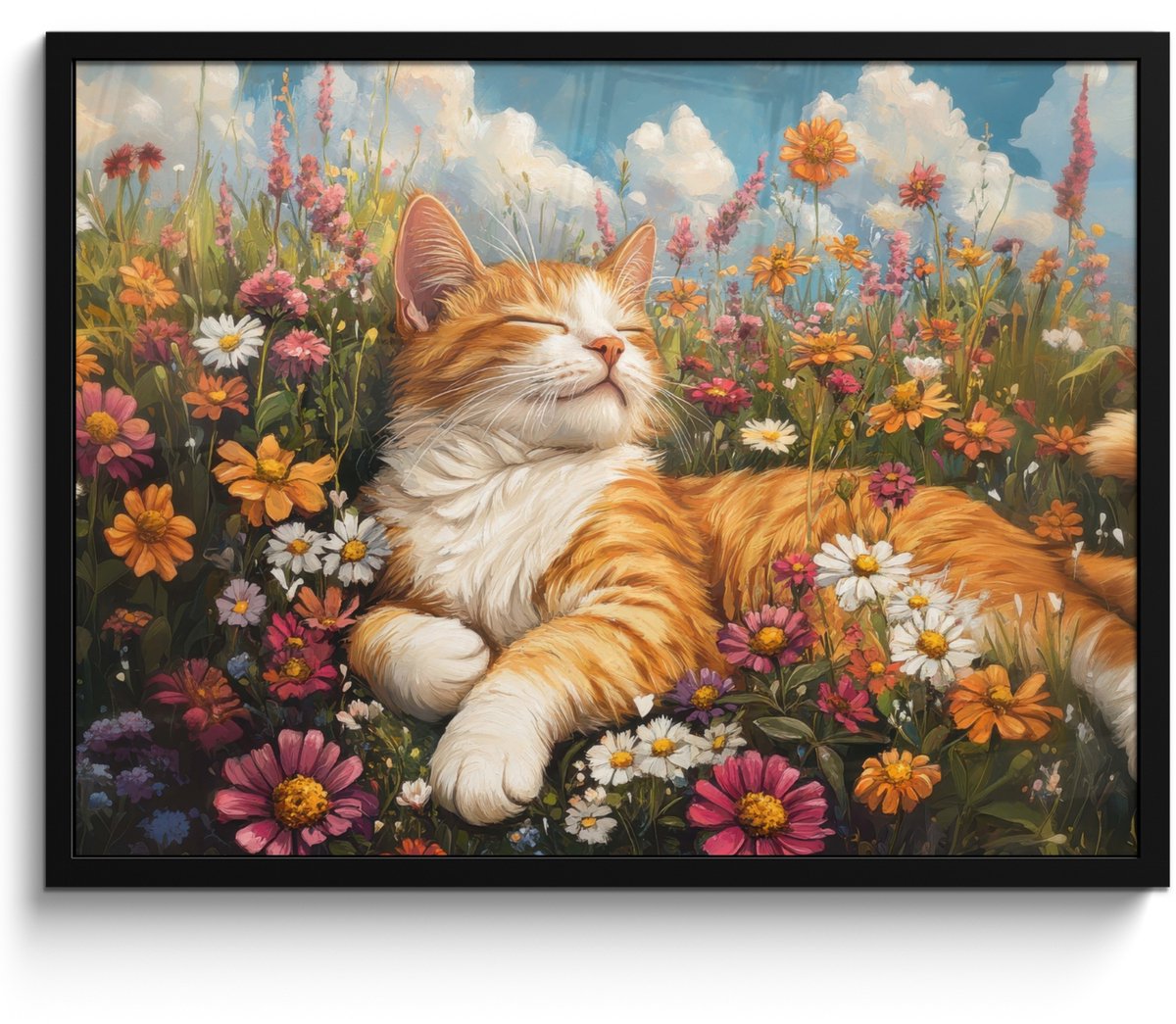 FrameYourWall Poster in lijst - Fotolijst 70x50 cm - Posters - Kat - Bloemen - Ontspannen - Posterlijst zwart - Decoratie - Wanddecoratie woonkamer - Muurdecoratie slaapkamer Kat - Bloemen - Gras