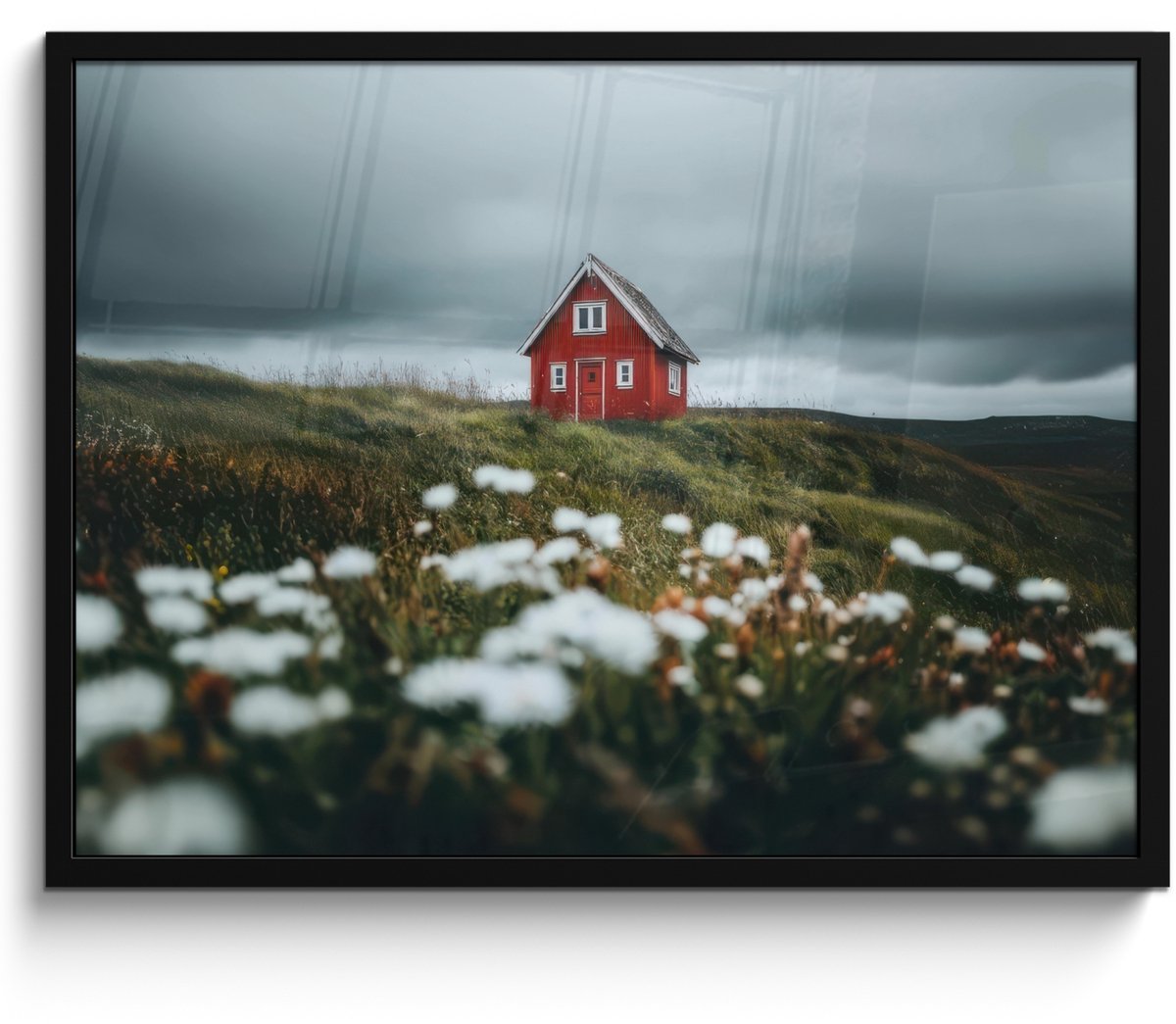 FrameYourWall Poster in lijst - Fotolijst 70x50 cm - Posters - Heuvel - Huisje - Bloemen - Wit - Posterlijst zwart - Decoratie - Wanddecoratie woonkamer - Muurdecoratie slaapkamer