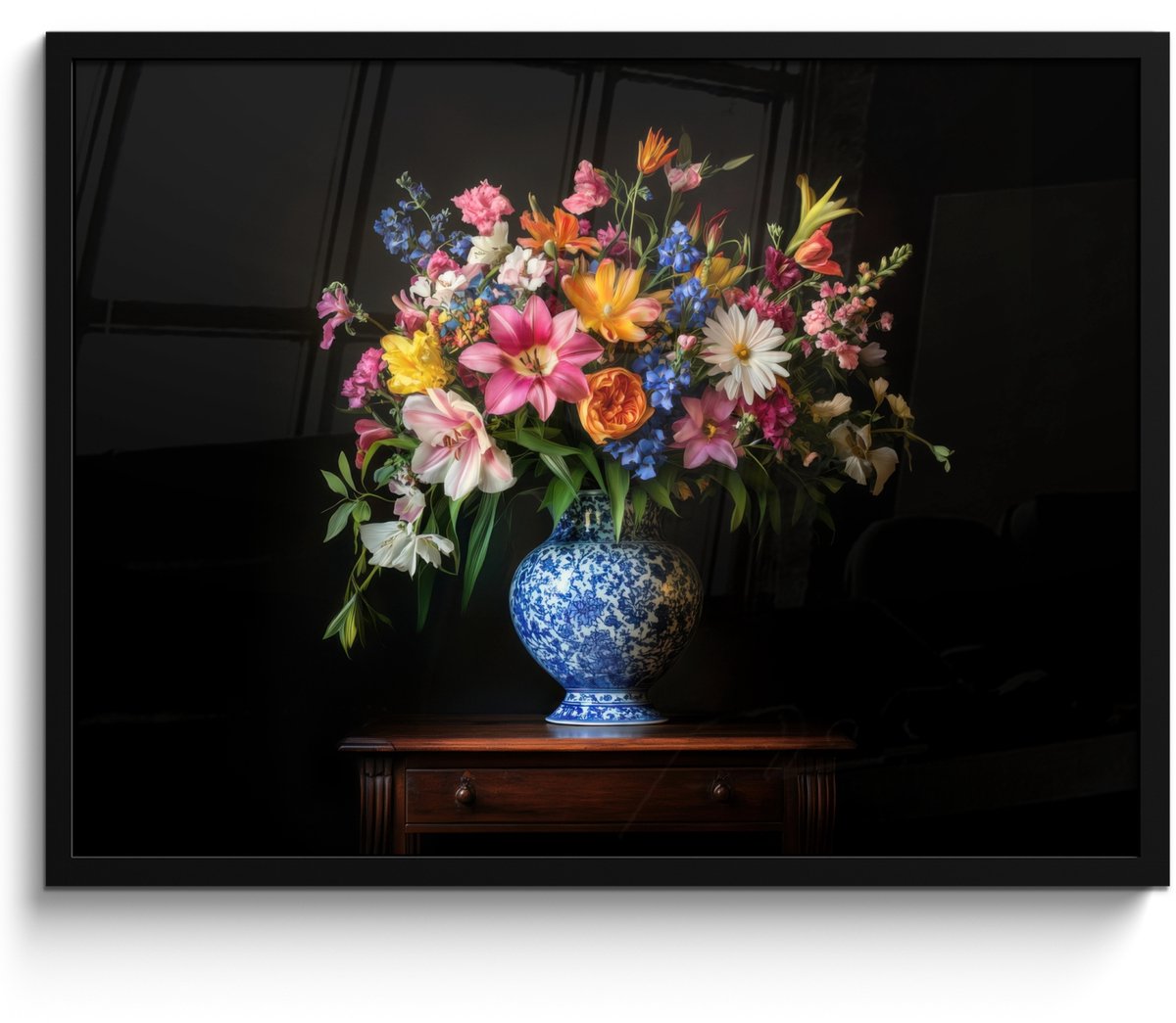 FrameYourWall Poster in lijst - Fotolijst 70x50 cm - Posters - Kleur - Vaas - Bloemen - Boeket - Posterlijst zwart - Decoratie - Wanddecoratie woonkamer - Muurdecoratie slaapkamer Bloemen - Kleurrijk