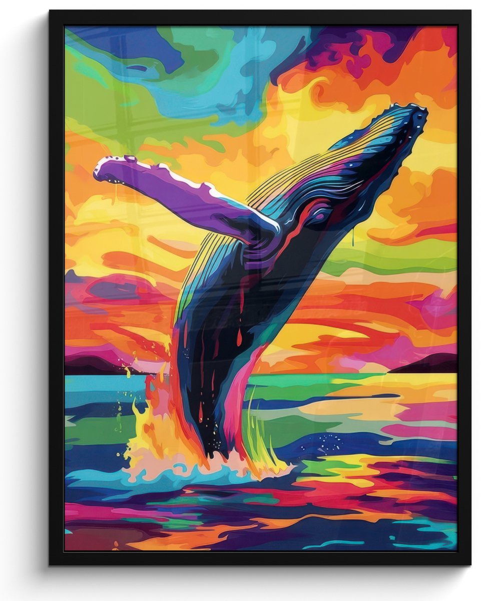 FrameYourWall Poster in lijst - Fotolijst 50x70 cm - Posters - Zonsondergang - Walvis - Geschilderd - Kleurrijk - Posterlijst zwart - Decoratie - Wanddecoratie woonkamer - Muurdecoratie slaapkamer Walvis - Kleurrijk