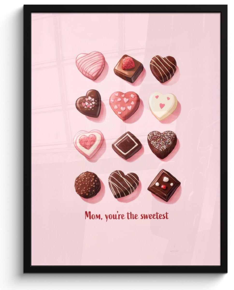 FrameYourWall Poster in lijst - Fotolijst 50x70 cm - Posters - Chocolaatjes - Hartvormig - Liefste - Posterlijst zwart - Decoratie - Wanddecoratie woonkamer - Muurdecoratie slaapkamer Chocolaatjes - Hartjes - Tekst
