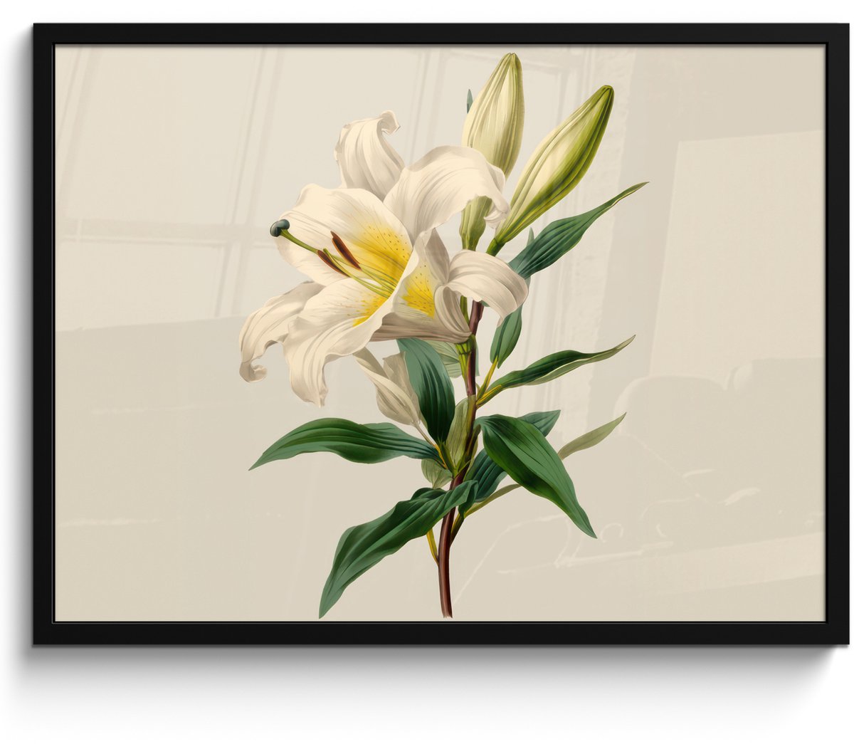 FrameYourWall Poster in lijst - Fotolijst 70x50 cm - Posters - Lelie - Elegant - Botanisch - Beige - Posterlijst zwart - Decoratie - Wanddecoratie woonkamer - Muurdecoratie slaapkamer